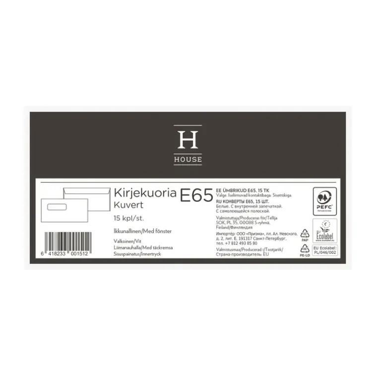 House Paperitarvikkeet>Kirjekuori E65 Liimanauhalla 15Kpl