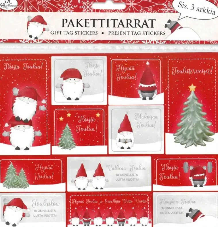 J.K. Primeco Askartelutarvikkeet>Pakettitarra Hauskat Tontut 3Ark/Pkt